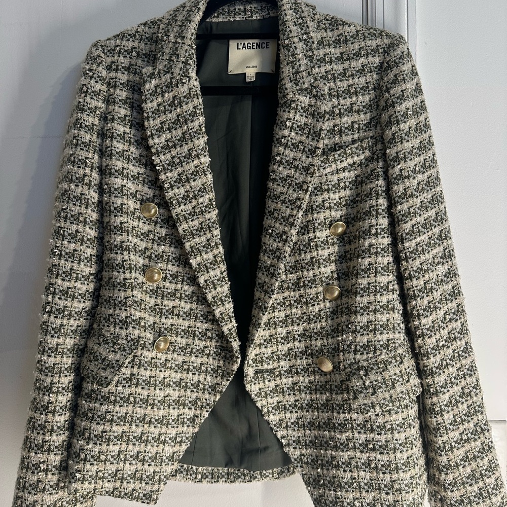 L'AGENCE Tweed Blazer - Black and Cream with Gold Buttons